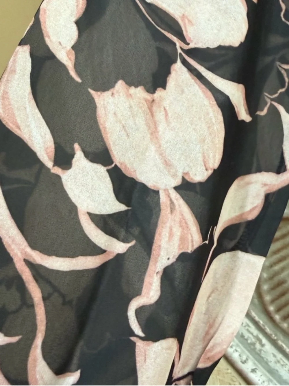 NWT Banana Republic Black Blouse with Pale Pink Floral Design & Sheer Sleeves